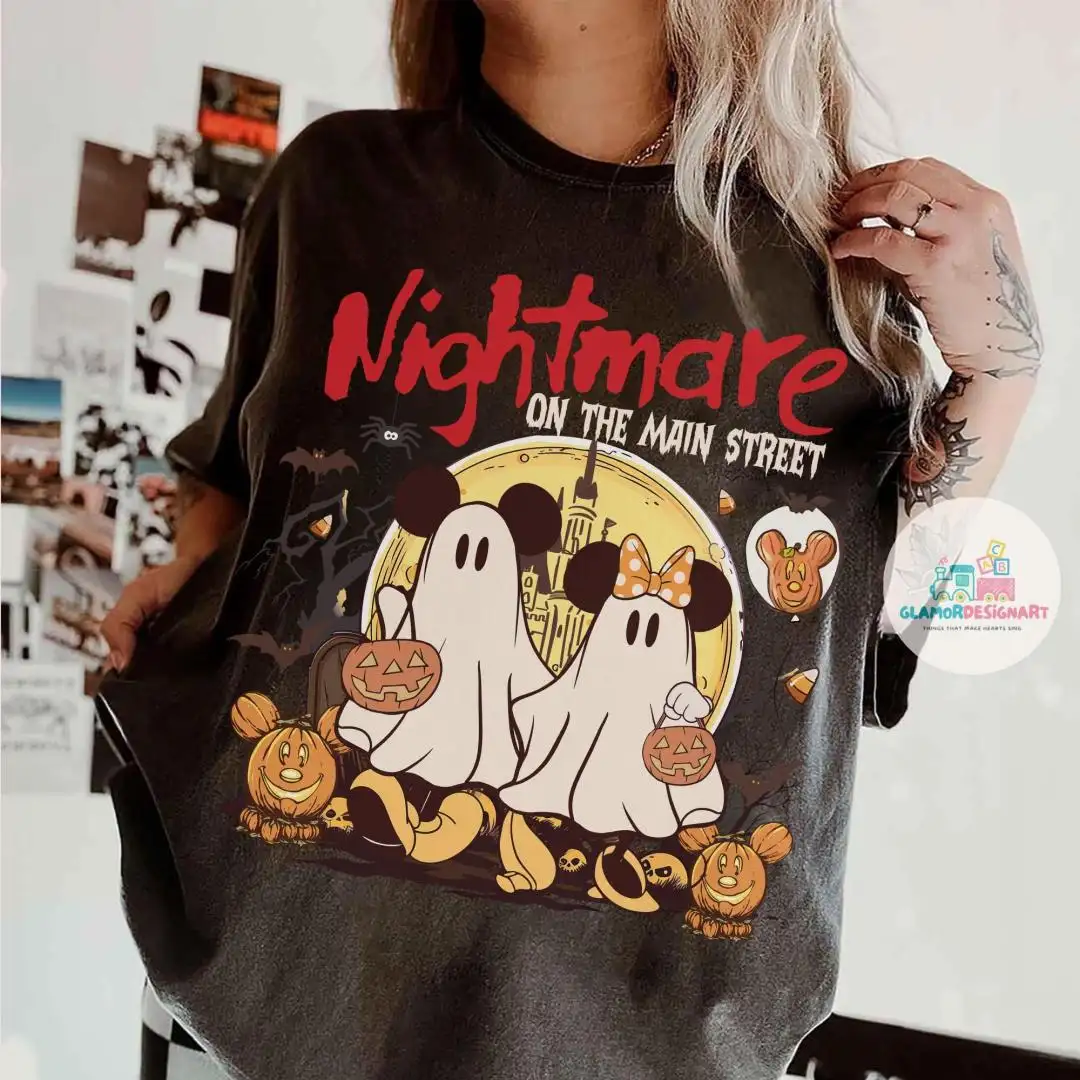 Vintage Mickey & Minnie Ghost Nightmare On Main Street Comfort Colors Shirts, Mickey Ghost Shirts, Disney Trip Halloween 2025 Shirts