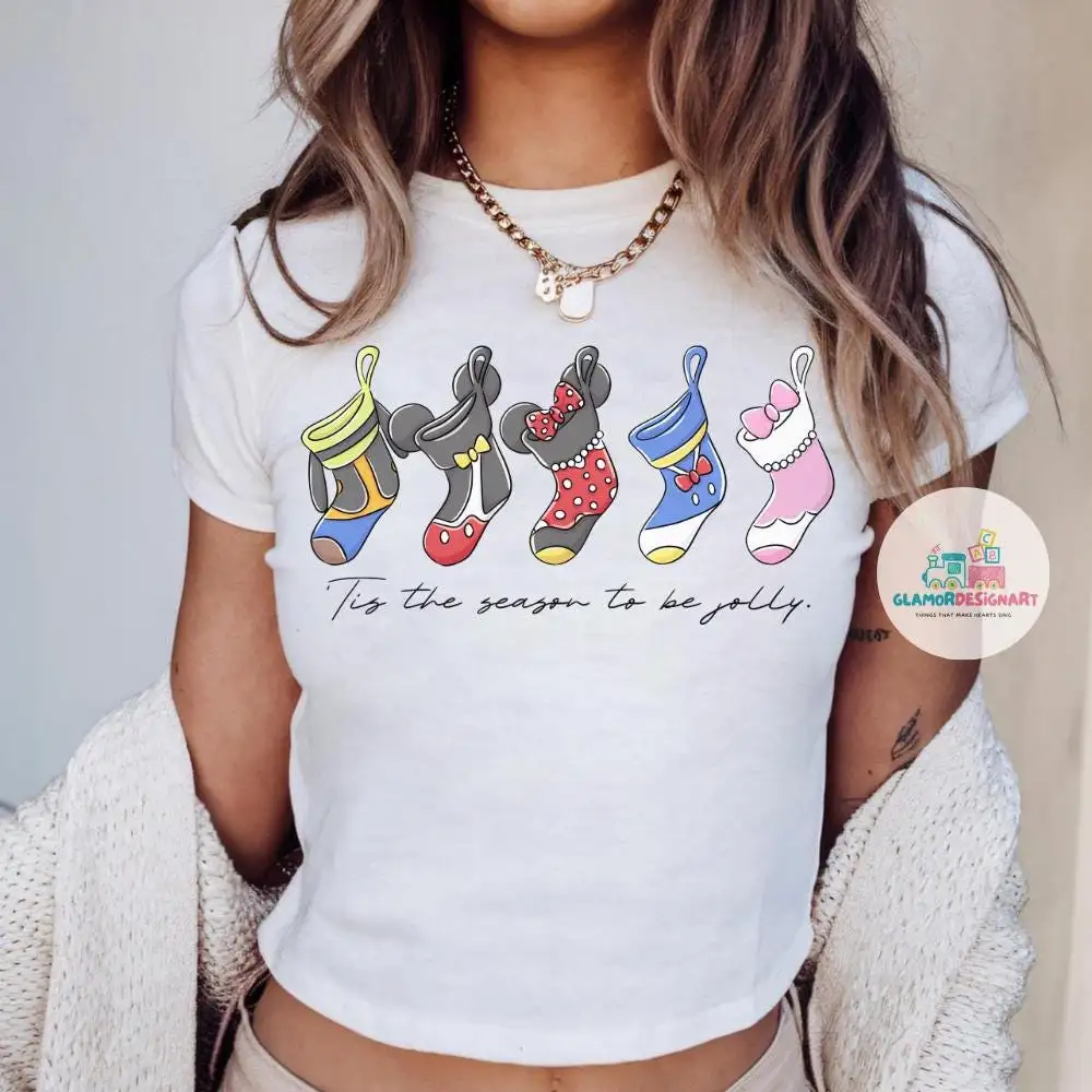 Mickey and Friends Christmas Stockings Baby Tee Crop Top, Disney Christmas Holiday Baby Tee, Mickey Minnie Donald Daisy Goofy Stocking Top