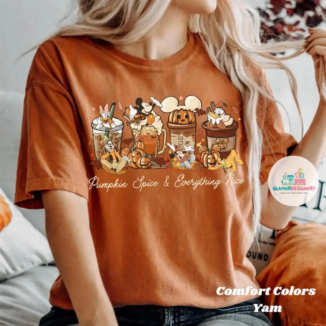 Cute Mickey and friends Pumpkin Spice Everything Nice Autumn Leaves Shirt, Disneyland Resort Fall Vibes Tee, Disney Family Halloween Trip