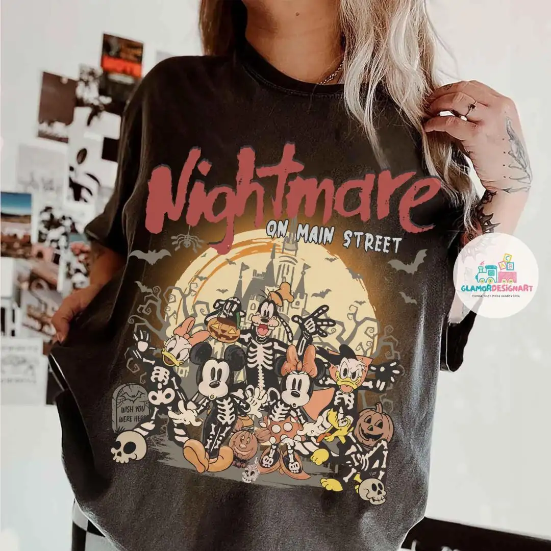 Vintage Nightmare On Main Street Shirt, Mickey and Friends Skeleton Halloween Shirt Disney Trip Halloween 2025 Shirts, Mickeys Not So Scary