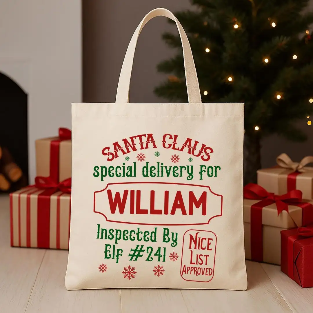 Christmas Gift Tote Bags, Custom Christmas Kids Tote, Santa Claus Special Delivery Totes, XMAS Gift Canvas Tote