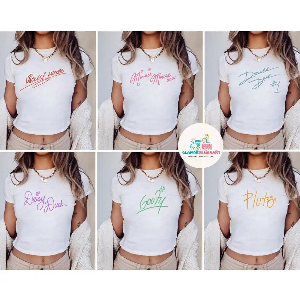 Mickey and Friends Signatures Baby tee, Girly Disney Girl Trip Shirt Disney Matching Trip Girly aesthetic baby tee Magical Kingdom Shirt