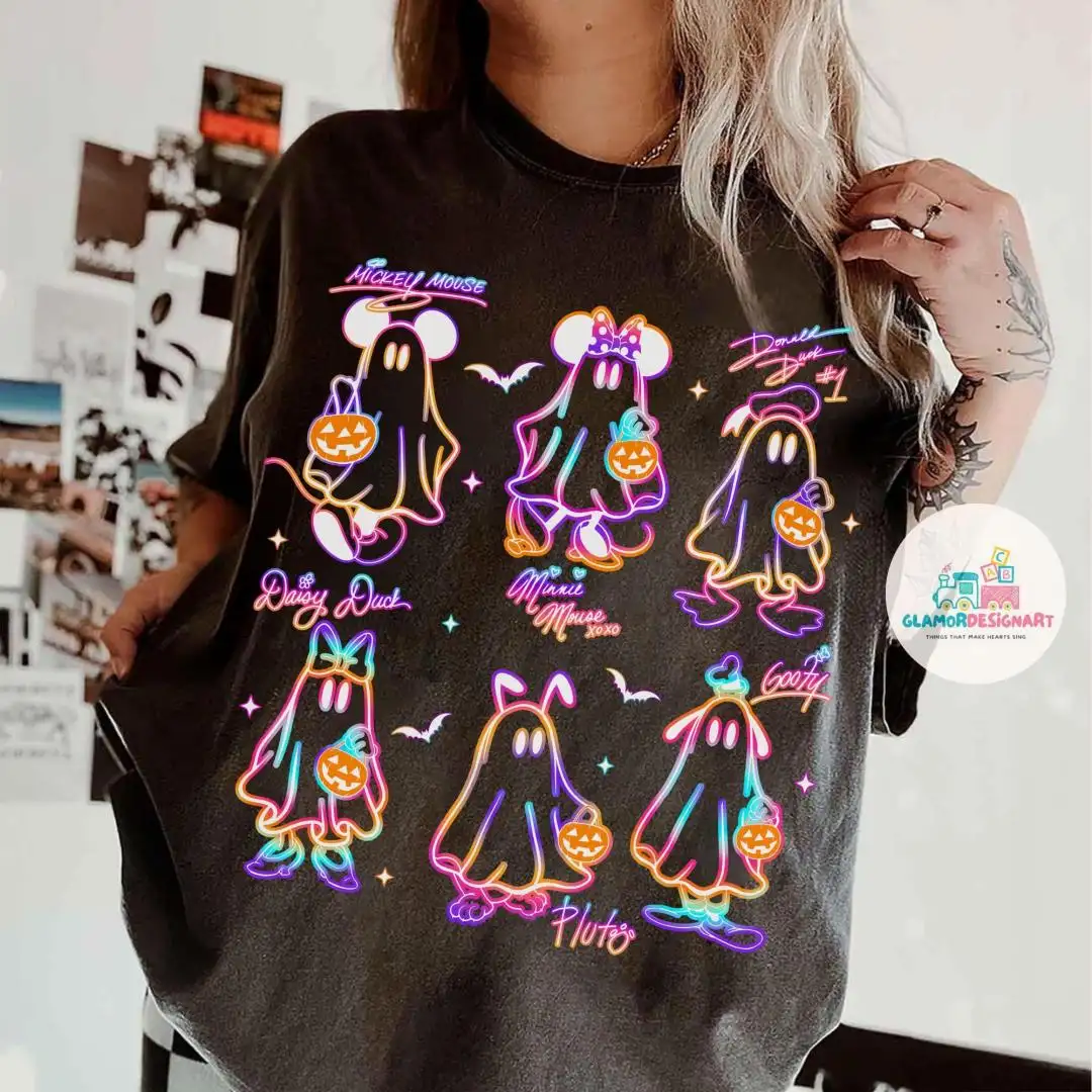 Comfort Color Neon Spooky Mickey And Friends Disney Signatures Halloween Shirt, Disney Trip Halloween 2025 Tee, Mickey's Not So Scary Shirts