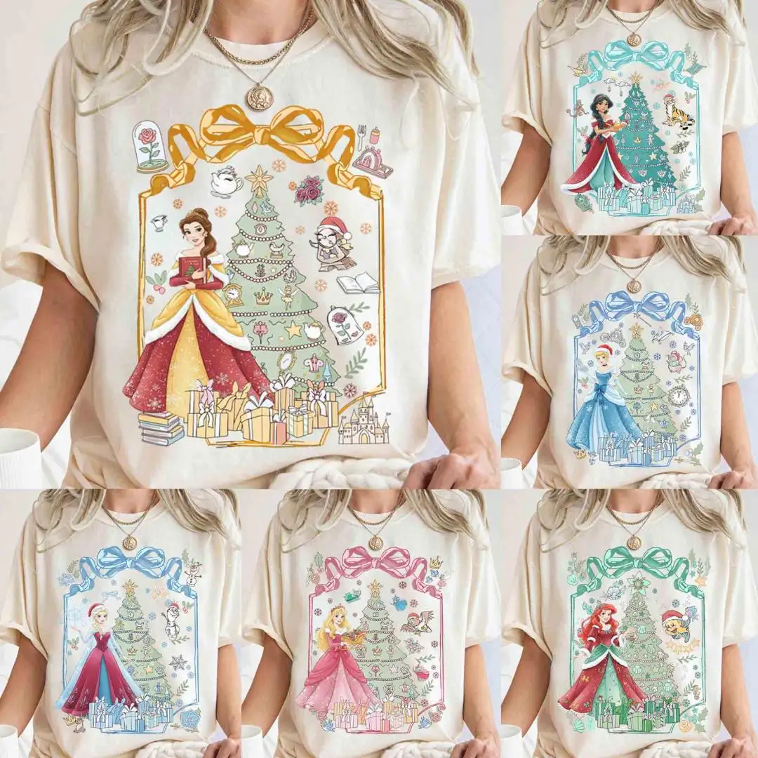 Coquette Disney Princess Christmas Shirt, Magic Kingdom Magical Castle Christmas Tee, Belle Ariel Xmas, Walt Disney Disney Girl Trip Gifts