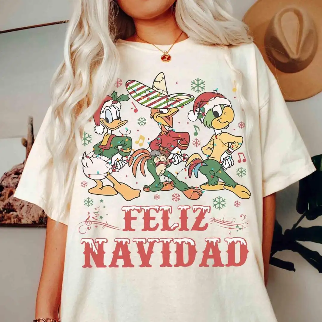 Three Caballeros Jose Donald Duck Panchito Feliz Navidad Christmas Balloon T-shirt, Disney Mickey Very Merry Xmas Party Family Holiday Trip