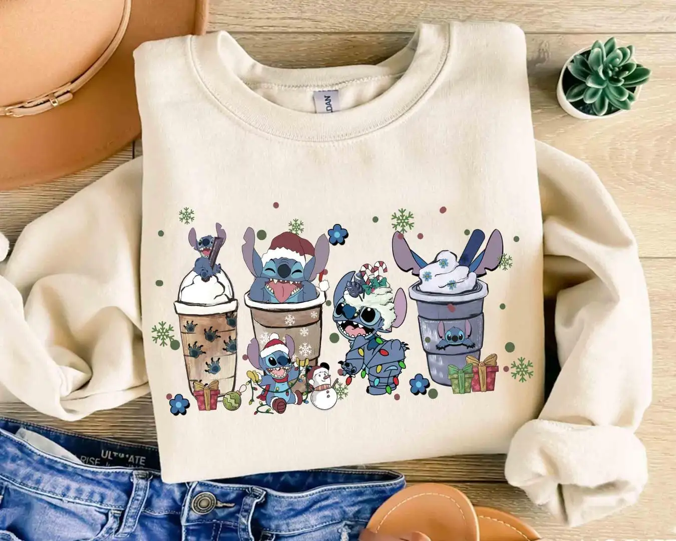 Cute Lilo & Stitch Coffee Tea Sweater, Disneyland Vacation Gift, Disney Santa Stitch Xmas Latte Drink Cup Lights Tee, Stitch Epcot Shirt