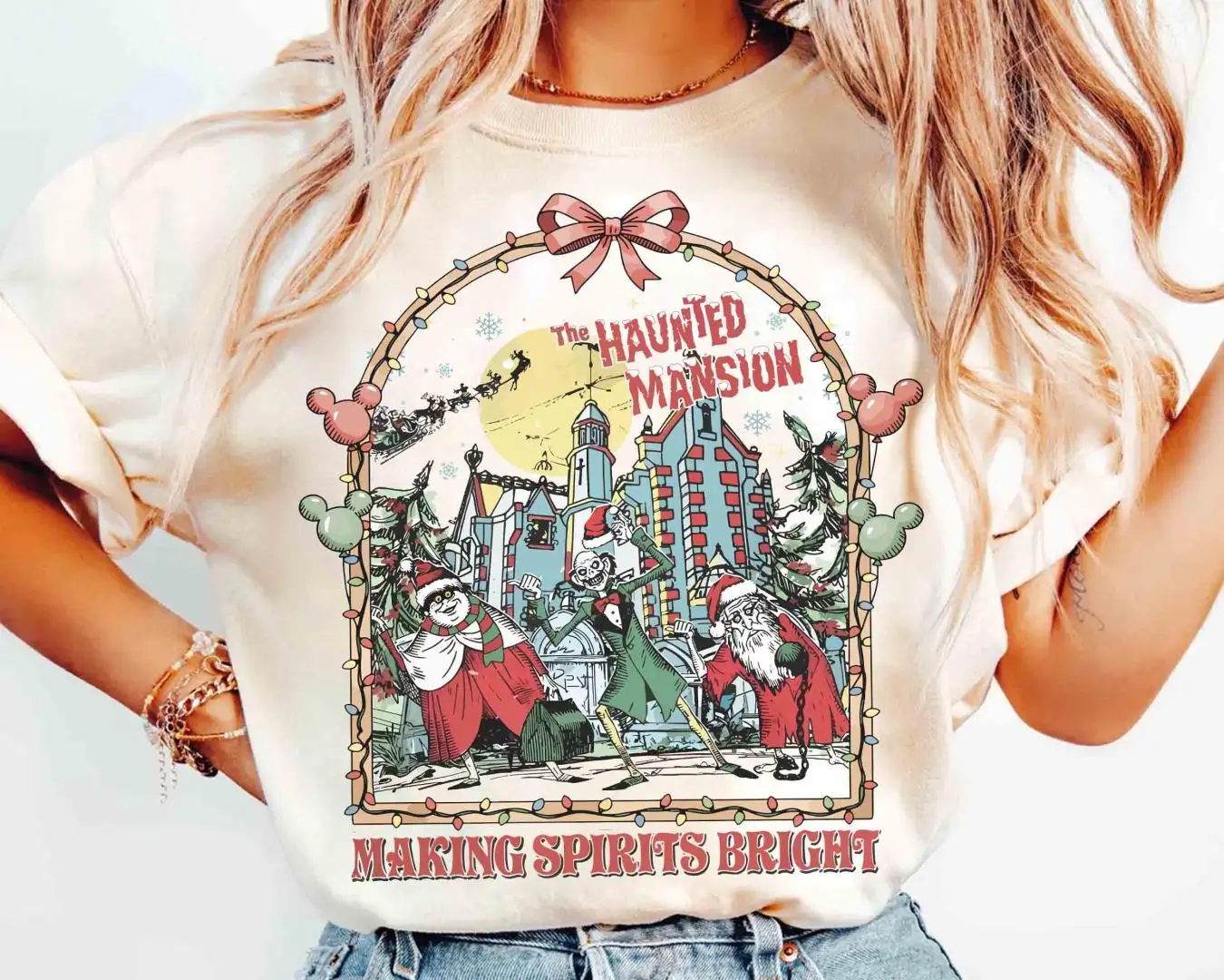 Vintage Coquette Bow The Haunted Mansion Christmas Shirt, Disney Holiday Trip Gifts, Making Spirits Bright Hitchhiking Ghosts Santa Hat