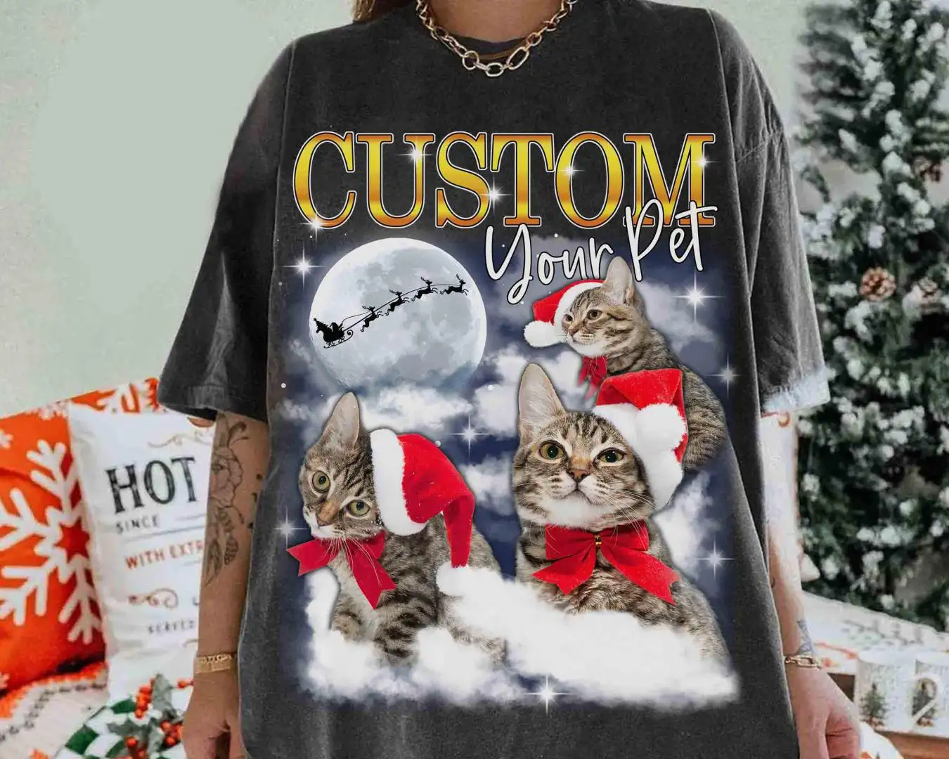 Customize Bootleg Pet Christmas Shirt, Personalized Name Dog Cat Lovers Holiday Shirt, Custom Photo Pet Portrait Tee, Santa Cat Bootleg Gift