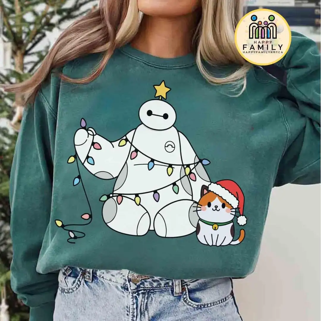 Disney Baymax Christmas And Mochi Cat Lights Sweatshirt, Baymax Christmas Tee, Disneyland Family Trip, Big Hero 6 Baymax FaLaLaLa Shirt
