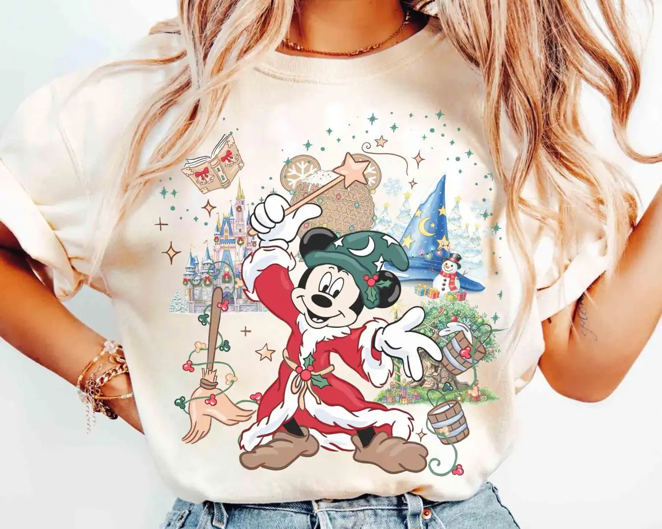 Retro Walt Disney World Fantasia Mickey Christmas Light Shirt, Mickey Wizard Christmas, WDW Magical Family Gifts, Mickey Sorcerer Xmas Tee