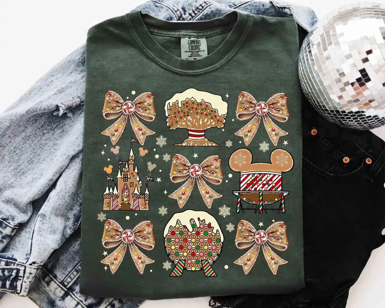 Walt Disney World Coquette Bows Gingerbread Christmas Shirt, Epcot World Tour Xmas Tee, Hollywood Studio, Mickey's Very Merry Xmas Party