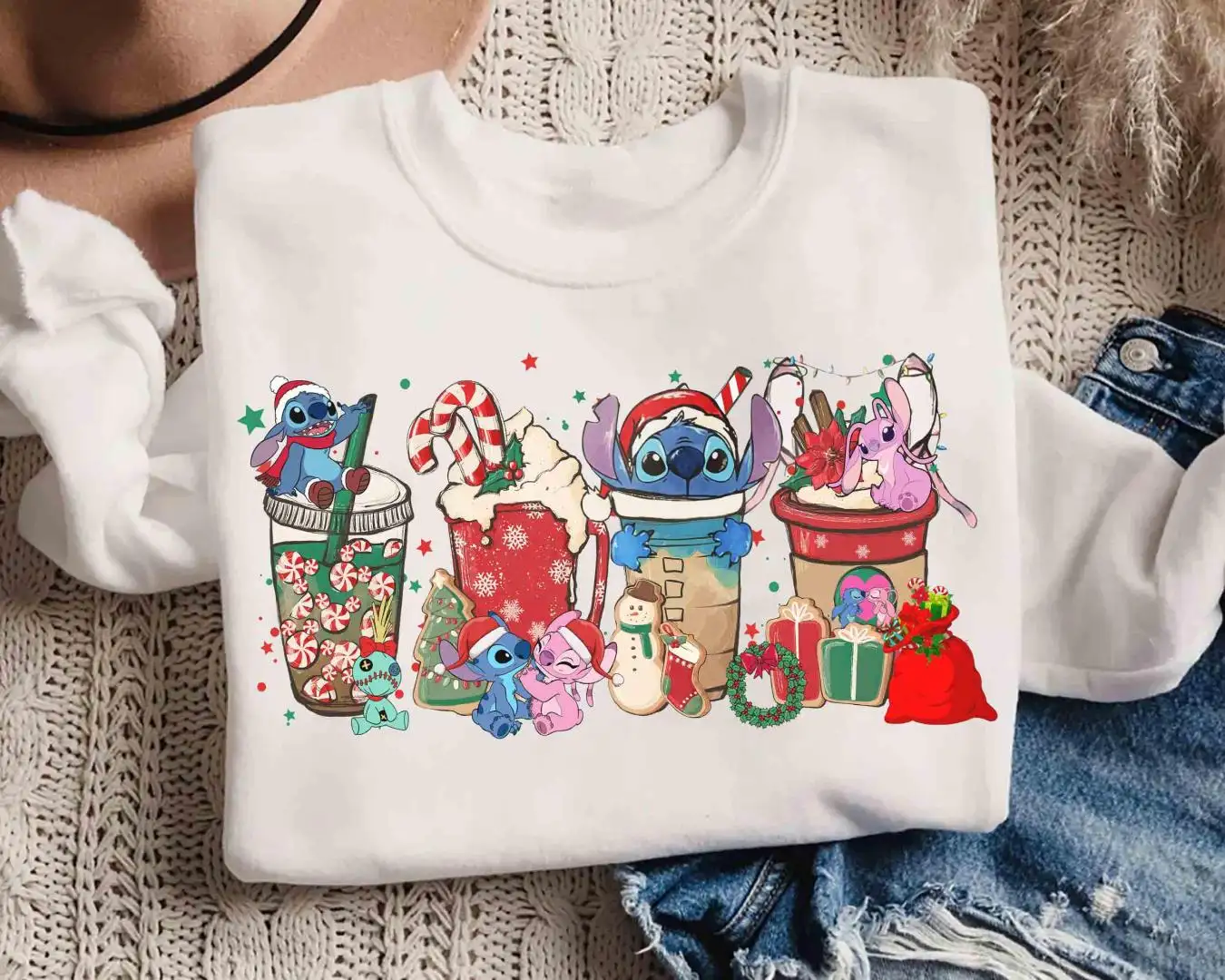 Cute Stitch And Angel Coffee Tea Sweater, Disneyland Vacation Gift, Lilo Stitch Epcot Shirt, Disney Couples Xmas Latte Drink Cup Lights Tee