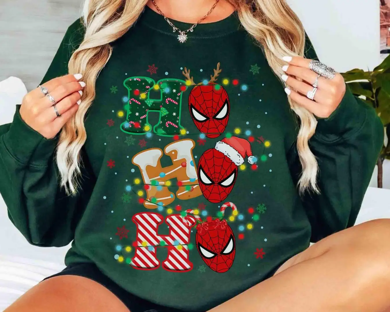 Funny Santa Spider-Man Ho Ho Ho Christmas Lights Shirt, Disneyland Holiday Vacation Gift, Disney Marvel Studios Shirt, Superhero Xmas Tee