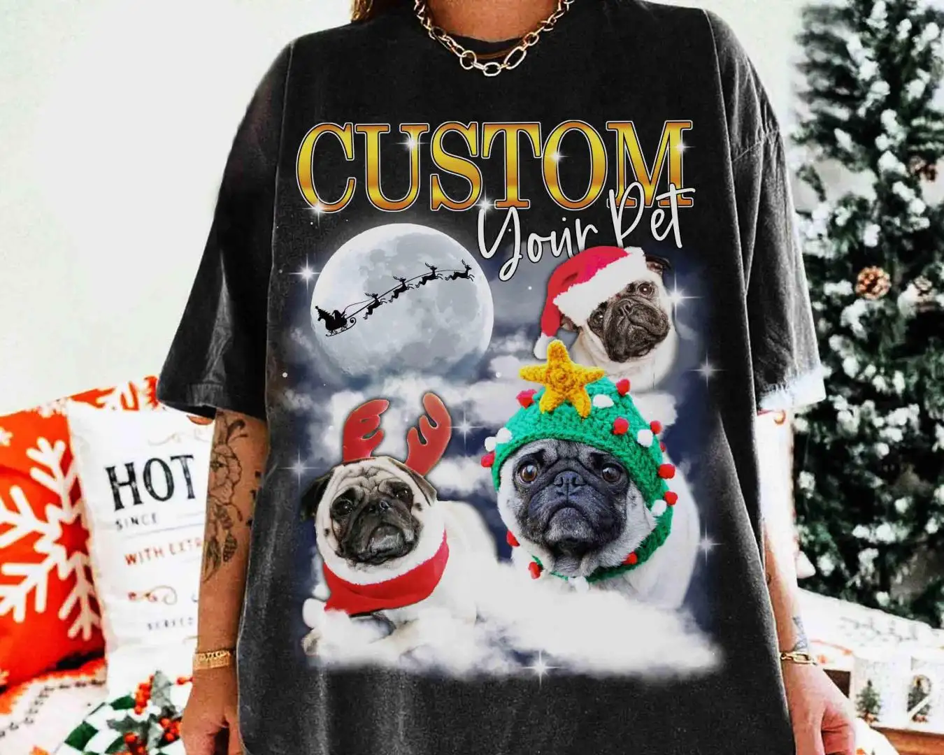 Customize Bootleg Pet Christmas Shirt, Santa Dog Bootleg Gift, Custom Photo Pet Portrait Tee, Personalized Name Dog Cat Lovers Holiday Shirt