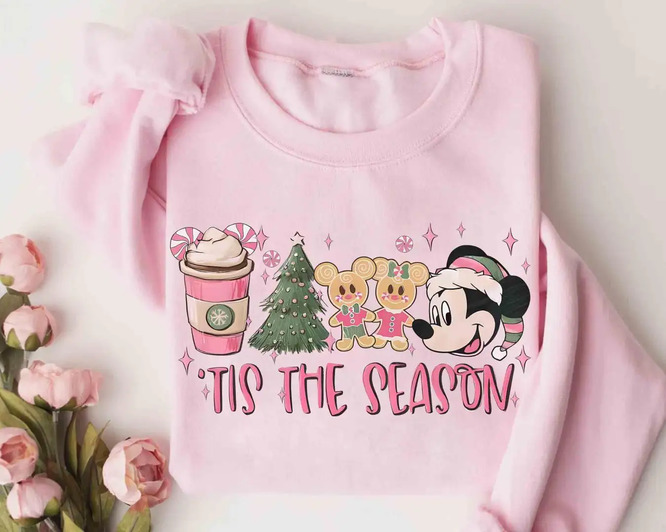 Disney Santa Mickey Coffee Tis The Season Christmas Pink Sweatshirt, Pink Xmas Gingerbread Shirt, Disney Mickey's Very Merry Christmas Party