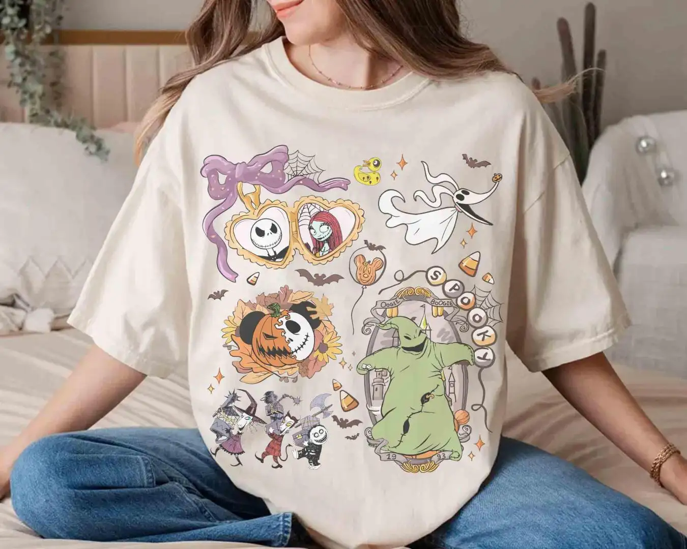 Watercolor Coquette Nightmare Before Christmas T-shirt, WDW Family Trip Tee, Oogie Boogie Bash 2025, Jack Skellington & Sally Halloween Tee