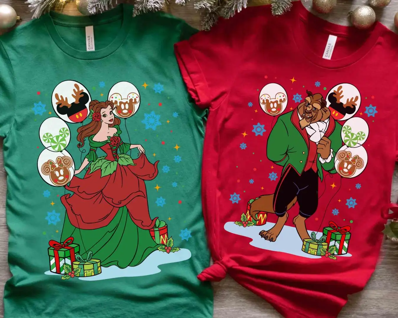 Retro 90s Beauty and The Beast Christmas Shirt, Couple Matching Gift, Holiday Tee, Disney Enchanted Balloons Design, Mickey_s Xmas Party