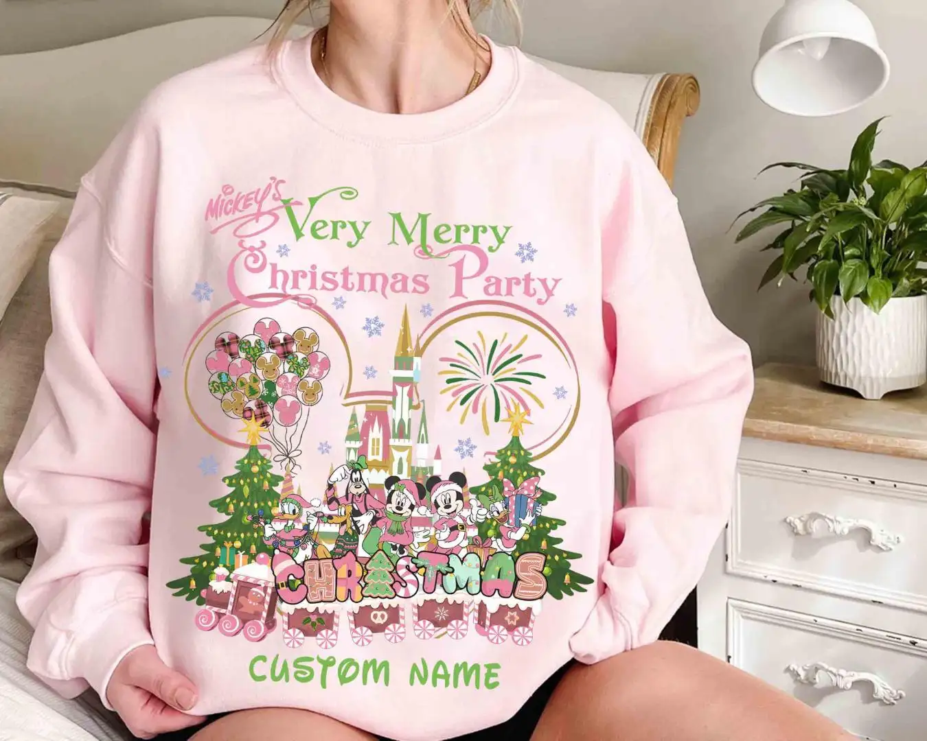 Personalized Disney Mickey And Friends Christmas Pink Castle Sweatshirt, Family Gifts, Disney Mickey's Very Merry Christmas Party 2025 Shirt