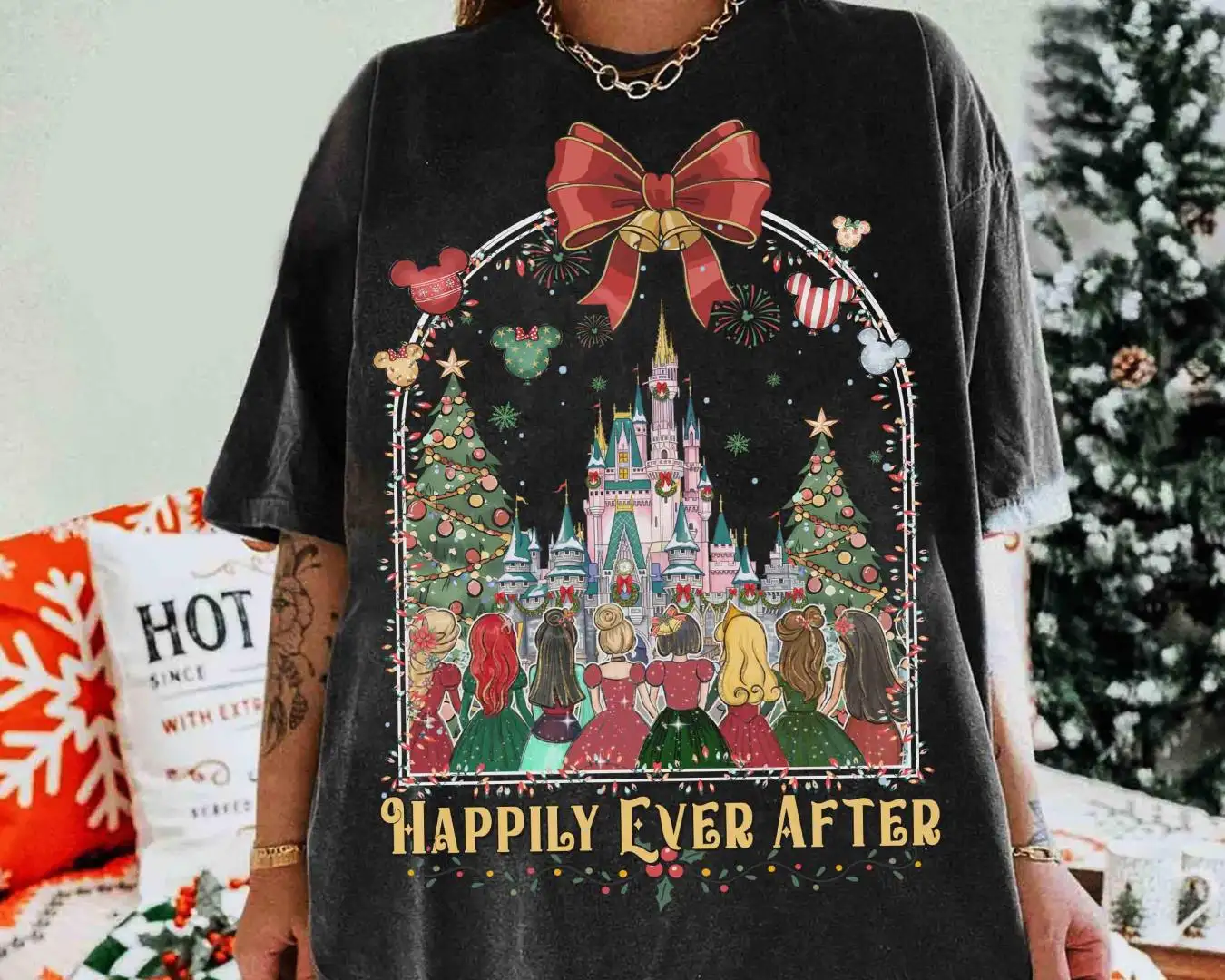 Disney Princess Happily Ever After Christmas Balloons Shirt, Walt Disney Disney Girl Trip Gifts, Magic Kingdom Magical Castle Christmas Tee