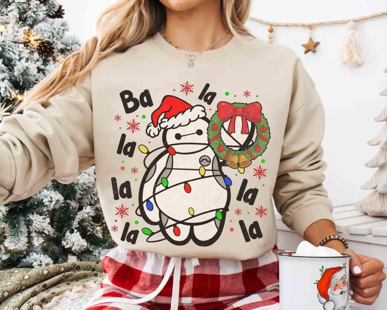 Big Hero Baymax Fa La La La La Wreath Christmas Light Retro T-shirt, Disneyland Family Gift, Disney Mickey's and Friends Very Merry Xmas Tee