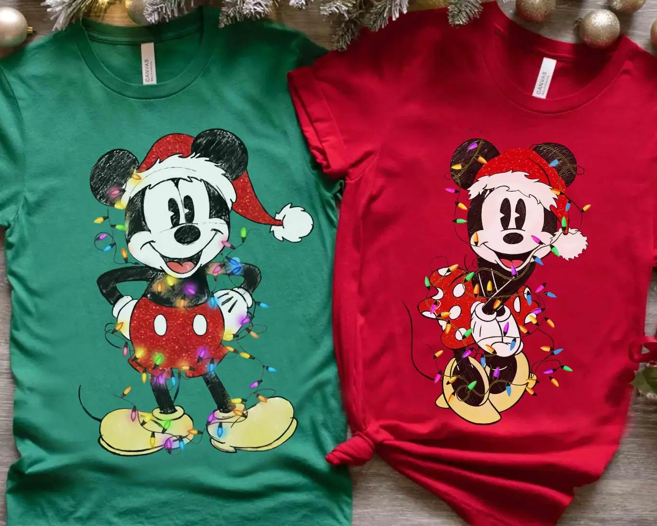Vintage Disney Couples Mickey And Minnie Mouse Christmas Lights T-Shirt, Disneyland Vacation 2025 Gifts, Mickey's Very Merry Xmas Party Tee