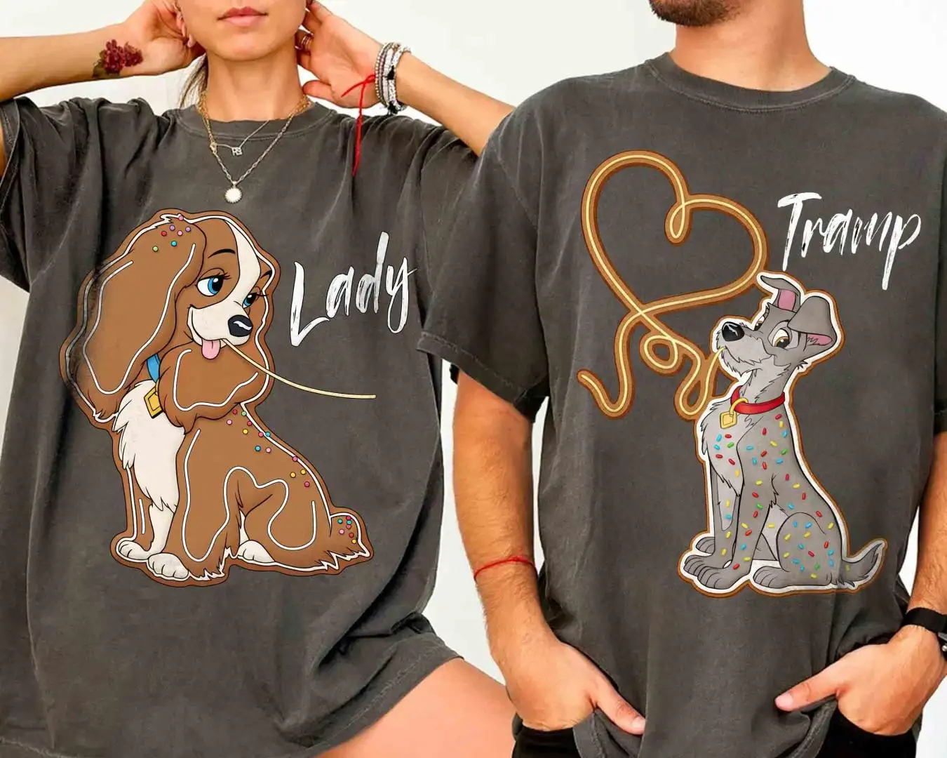 Lady And The Tramp Spaghetti Gingerbread Christmas Couple Shirt, Disney Couple Xmas Matching Tee, Disneyland Holiday Family 2025 Gifts