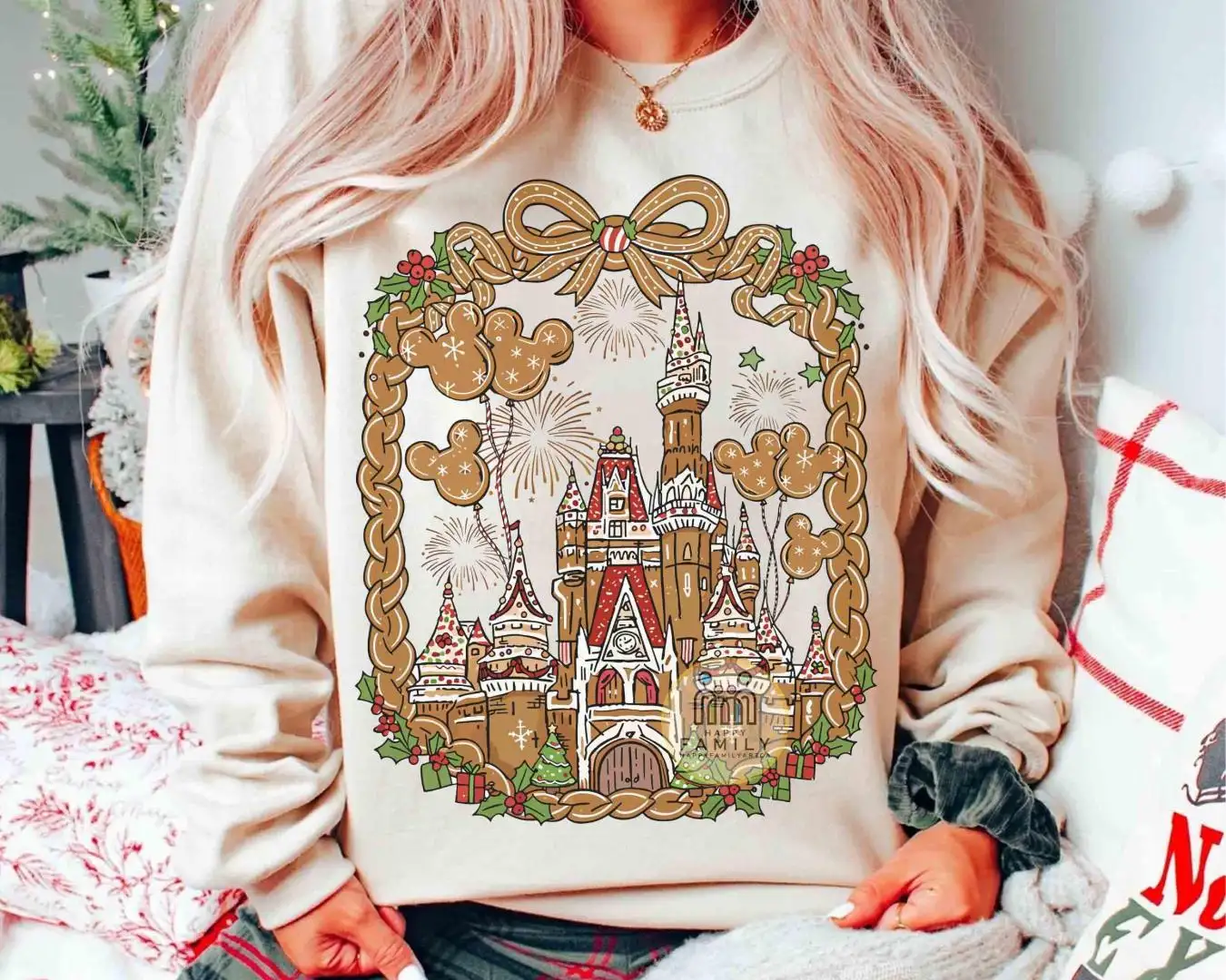 Retro Walt Disney World Christmas Gingerbread Shirt, Girly Disney Family Xmas Balloons Gifts, Magic Kingdom Magical Castle Christmas Tee