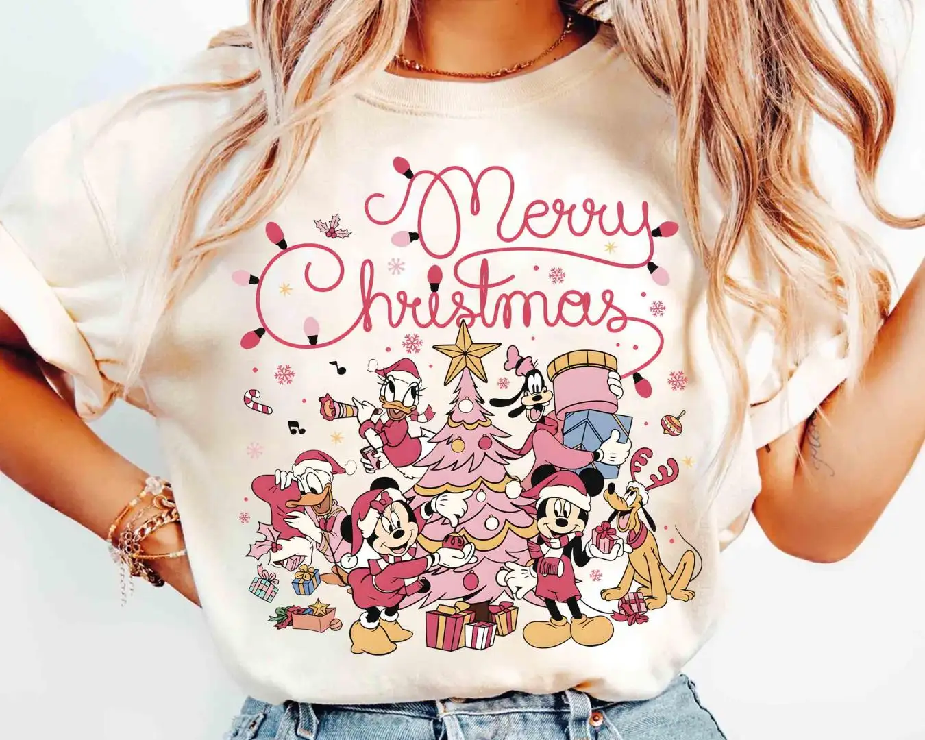 Retro Mickey & Friend Pink Merry Christmas Light Shirt, Disneyland Family Holiday Vacation Gifts, Disney Mickey's Very Merry Christmas Tee