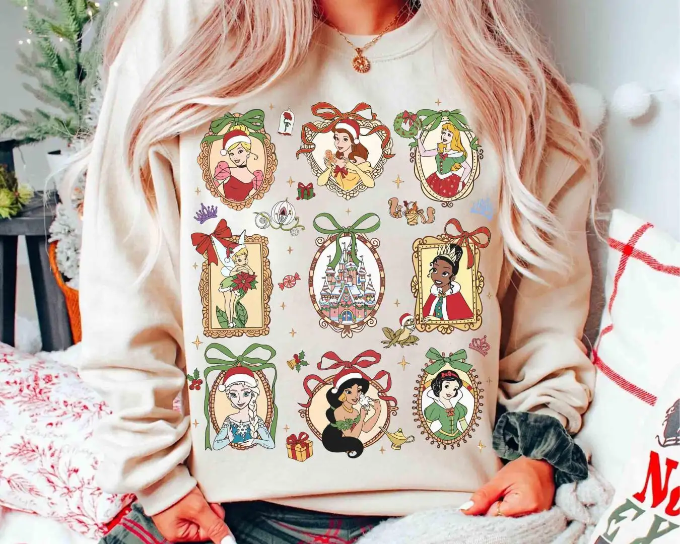 Coquette Bow Disney Princess Christmas Balloons Shirt, Walt Disney Disney Girl Trip 2025 Gifts, Magic Kingdom Magical Castle Christmas Tee