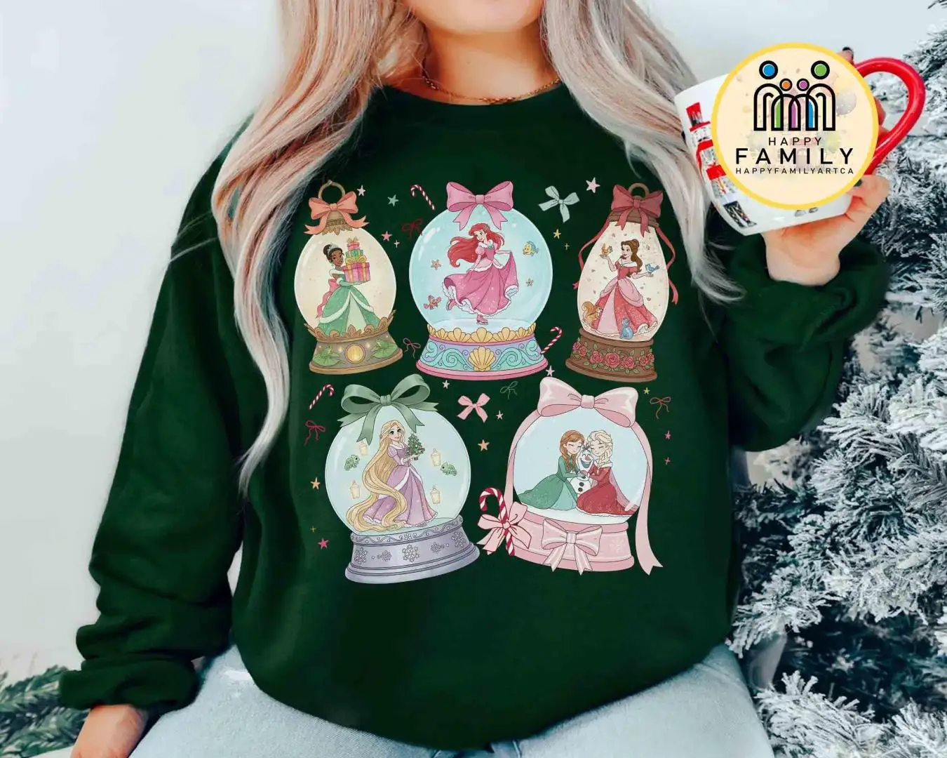 Vintage Disney Princess Globe Christmas Shirt, Disney Belle Ariel Tiana Elsa Rapunzel Xmas Light Tee, Girly Xmas 2025 Girl Trip Gifts Shirt