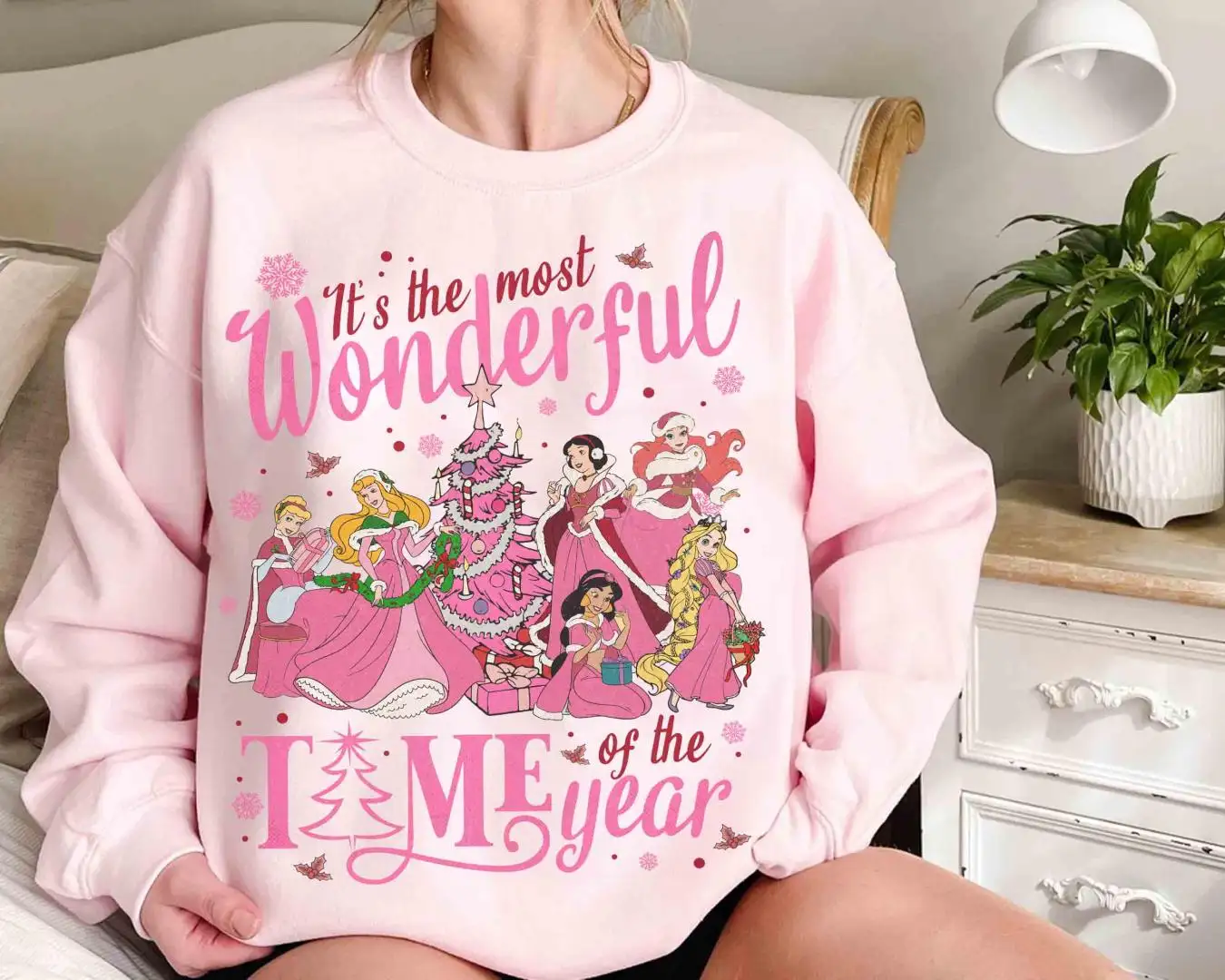 It's The Most Wonderful Time Of The Years Shirt, Mickey's Very Merry Xmas Gift, Disney Princess Characters Group Pink Christmas Light Tee
