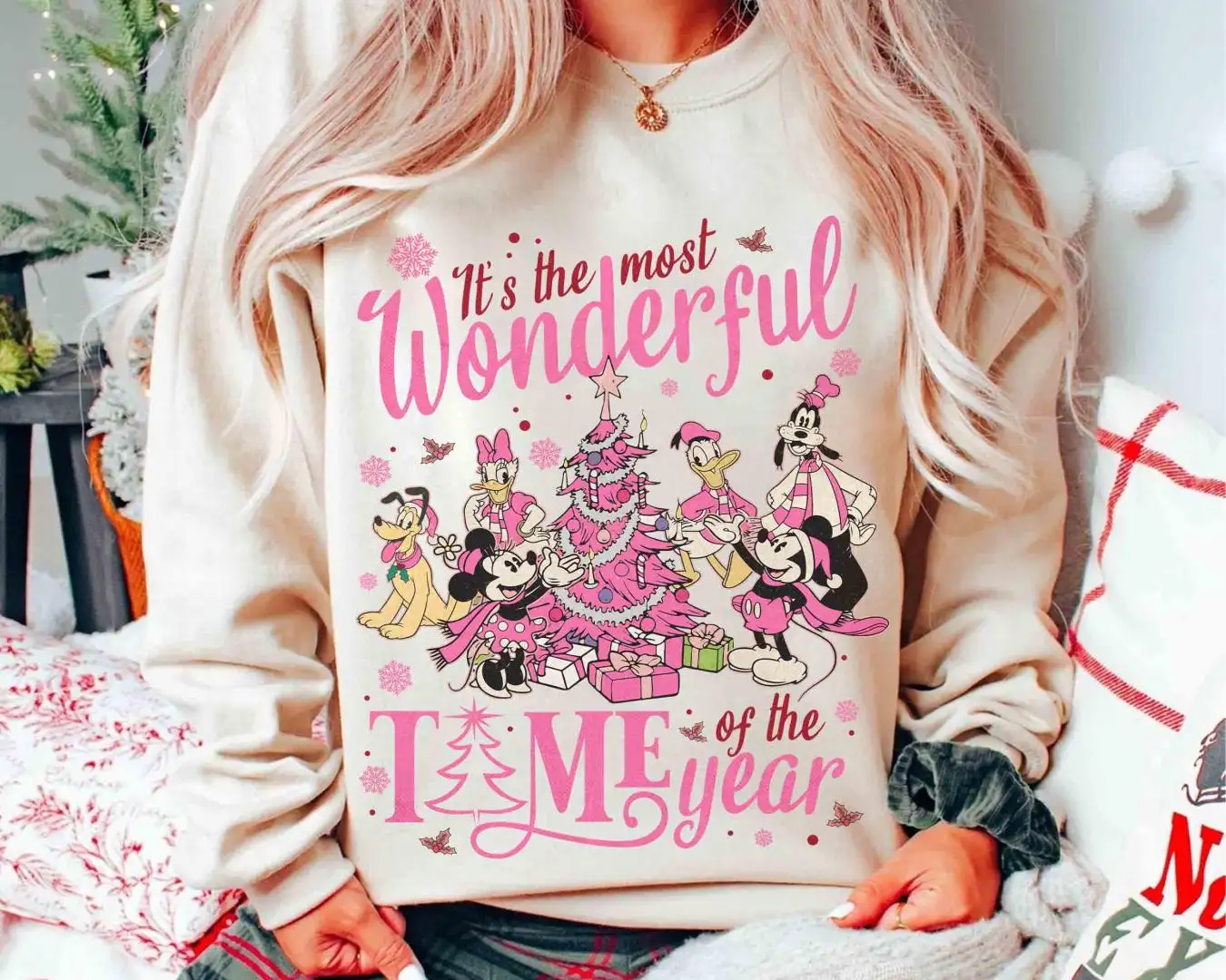 Disney Mickey And Friends Christmas Pink Sweatshirt, Most Wonderful Time Of the Year Xmas T-shirt, Mickey's Very Merry Christmas Party Gifts