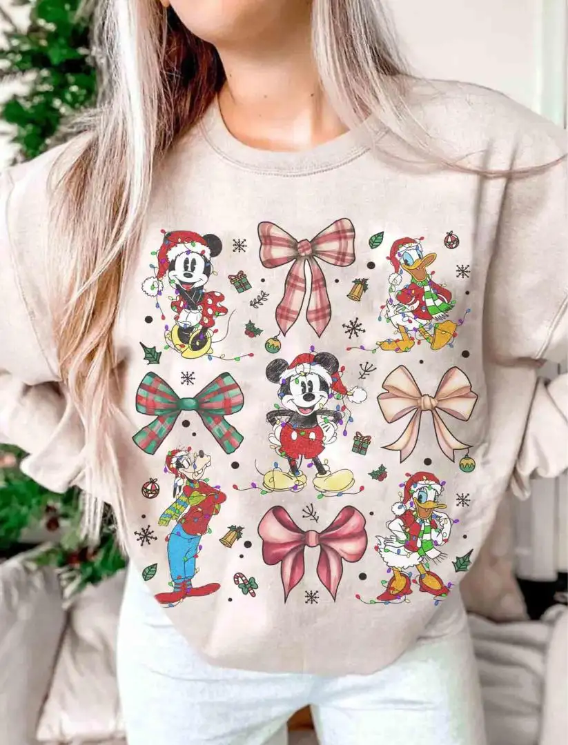 Disney Coquette Bows Mickey And Friends Christmas Lights Shirt, Disneyland Family Holiday Xmas Shirts, Mickey's Very Merry Xmas Party Tee