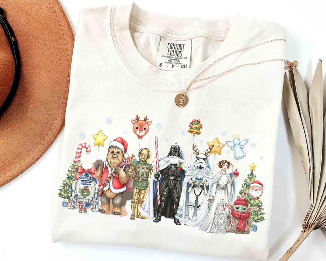 Star Wars Watercolor Balloons Christmas Tee, Galaxy's Edge Hollywood Studios Gift, Tee, Darth Vader Baby Yoda Leia Chewie Xmas Light Tee