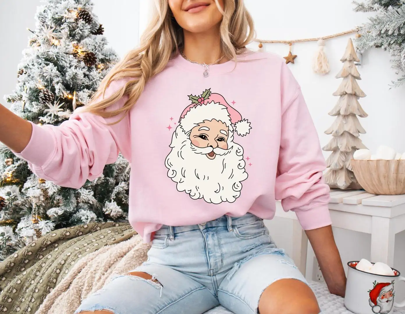 Pink Santa Retro Christmas T-Shirts, Pink Christmas Matching Family Tees, XMAS Holiday Sweatshirt, Santa Claus Girls Hoodie