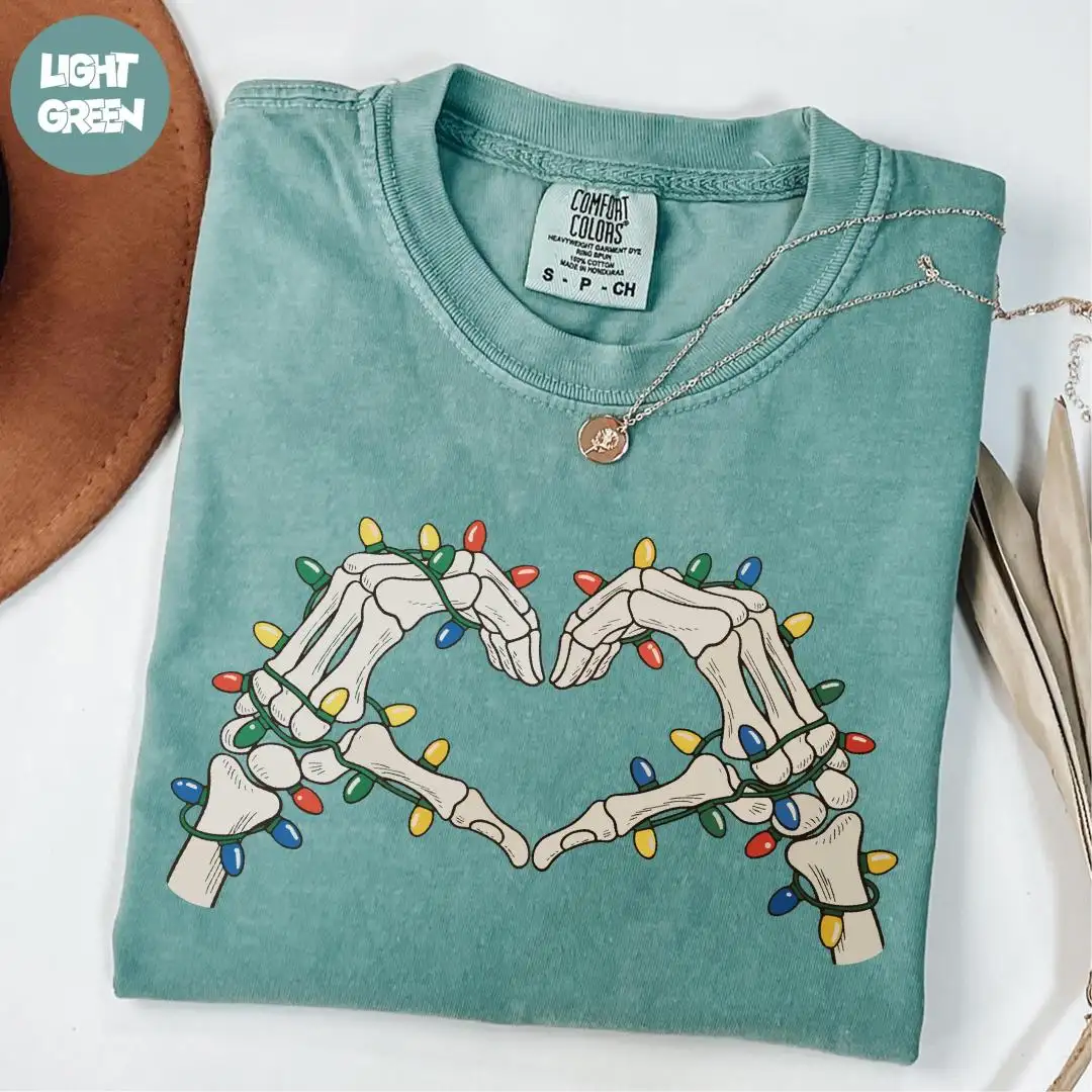 Comfort Colors® Skeleton Heart Hands Shirt, Christmas Lights Shirt, Christmas Party Shirt, Christmas Skeleton Shirt, Spooky Christmas Shirt
