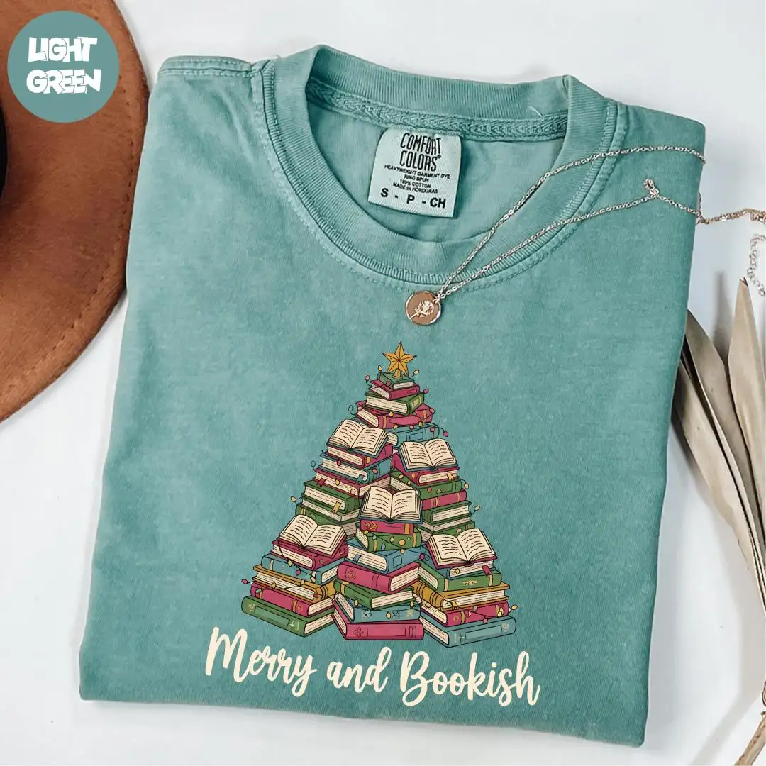 Comfort Colors® Merry and Bookish Shirt, Books Christmas Tree Shirt, Christmas Reading Shirt, Bookish Christmas Shirt, Book Lover Gift