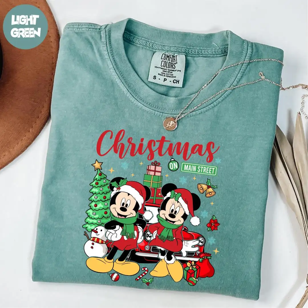 Comfort Colors® Mickey and Minnie Xmas Shirt, Christmas on Main Street Shirt, Mickey Xmas Holiday Shirt, Disney Christmas Party Shirt