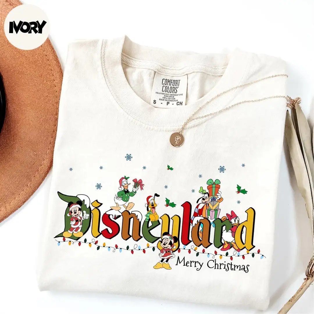Comfort Colors® Disneyland Merry Christmas Shirt, Disney Happy Christmas Shirt, Mickey and Friends Christmas Tee, Xmas Holiday Shirt