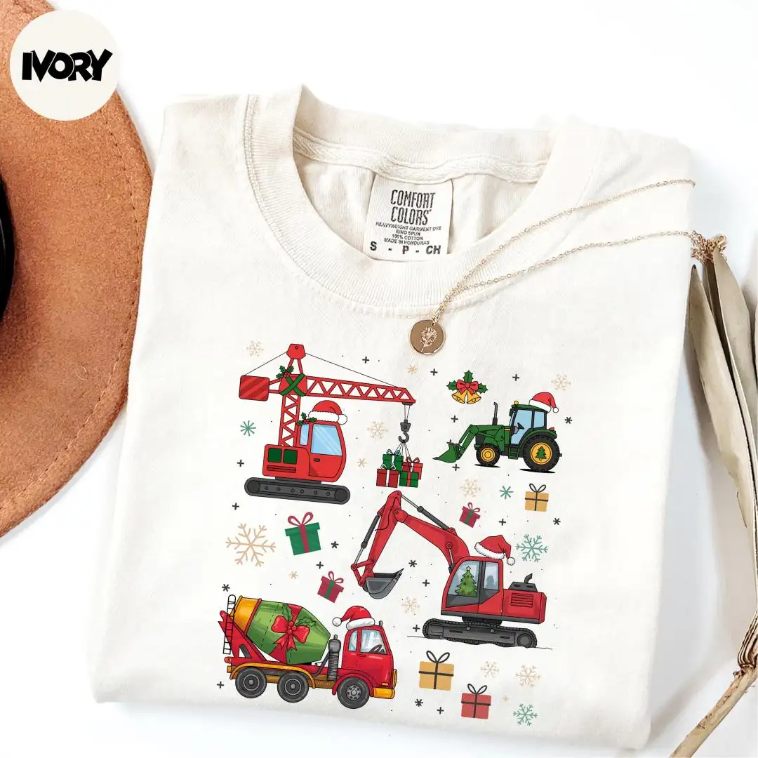 Comfort Colors® Construction Trucks Christmas Shirt, Boys Christmas Shirt, Kids Trucks Shirt, Xmas Holiday Gift for Kids, Christmas Gift