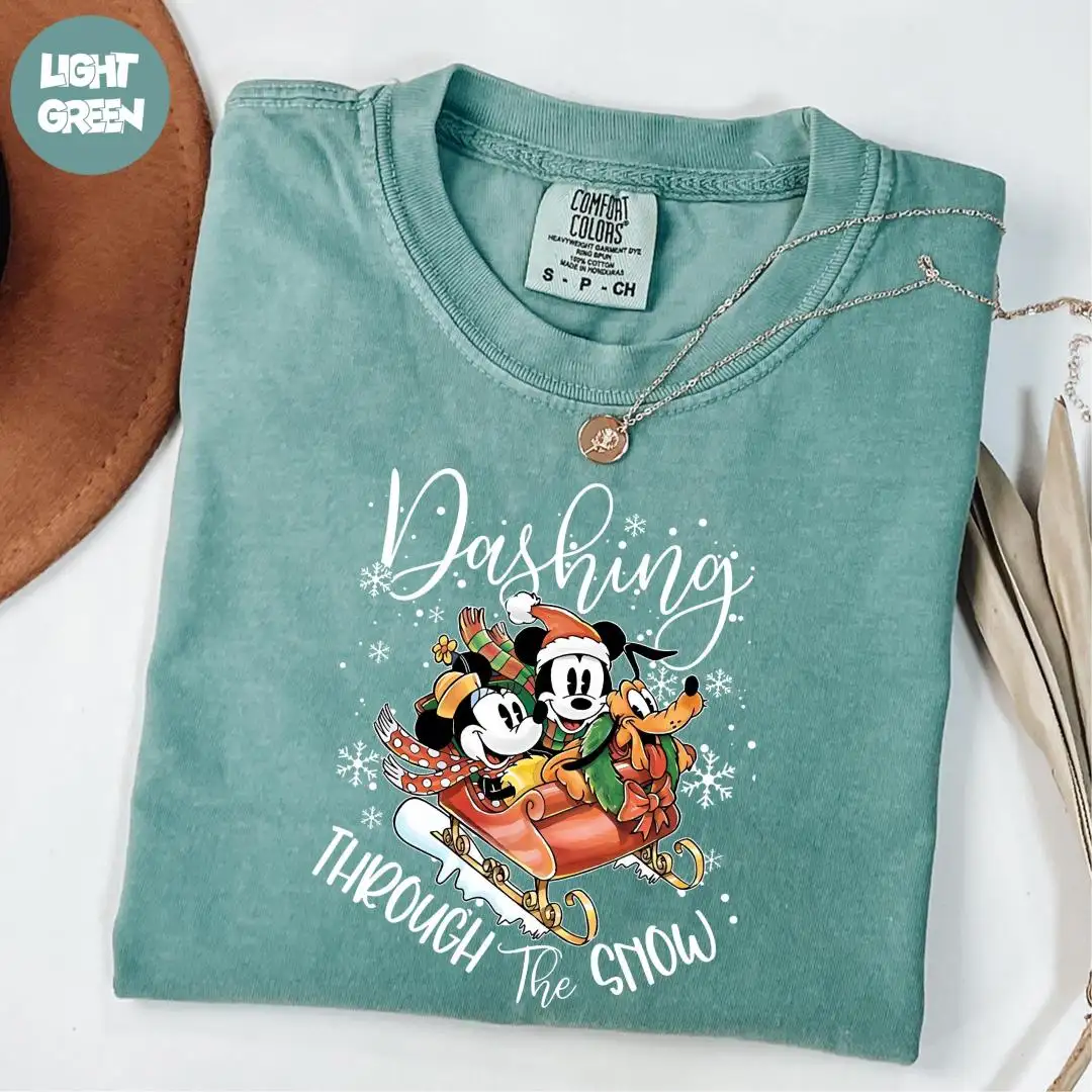 Comfort Colors® Dashing Through the Snow Shirt, Disney Squad Christmas Shirt, Disney Xmas Holiday Tee, Mickey Minnie Pluto Sledding Shirt