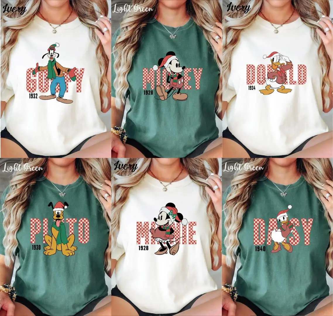 Comfort Colors® Checkered Disney Characters Shirt, Christmas Matching Shirts, Mickey and Friends Christmas Shirt, Christmas Squad Shirt