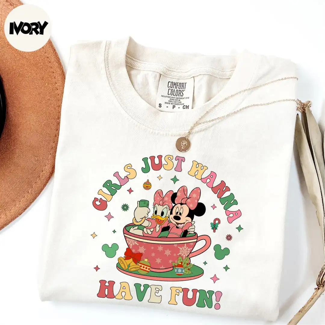 Comfort Colors® Girls Just Wanna Have Fun Shirt, Disney Girls Christmas Shirt, Disney Best Friends Shirt, Minnie and Daisy Christmas Shirt