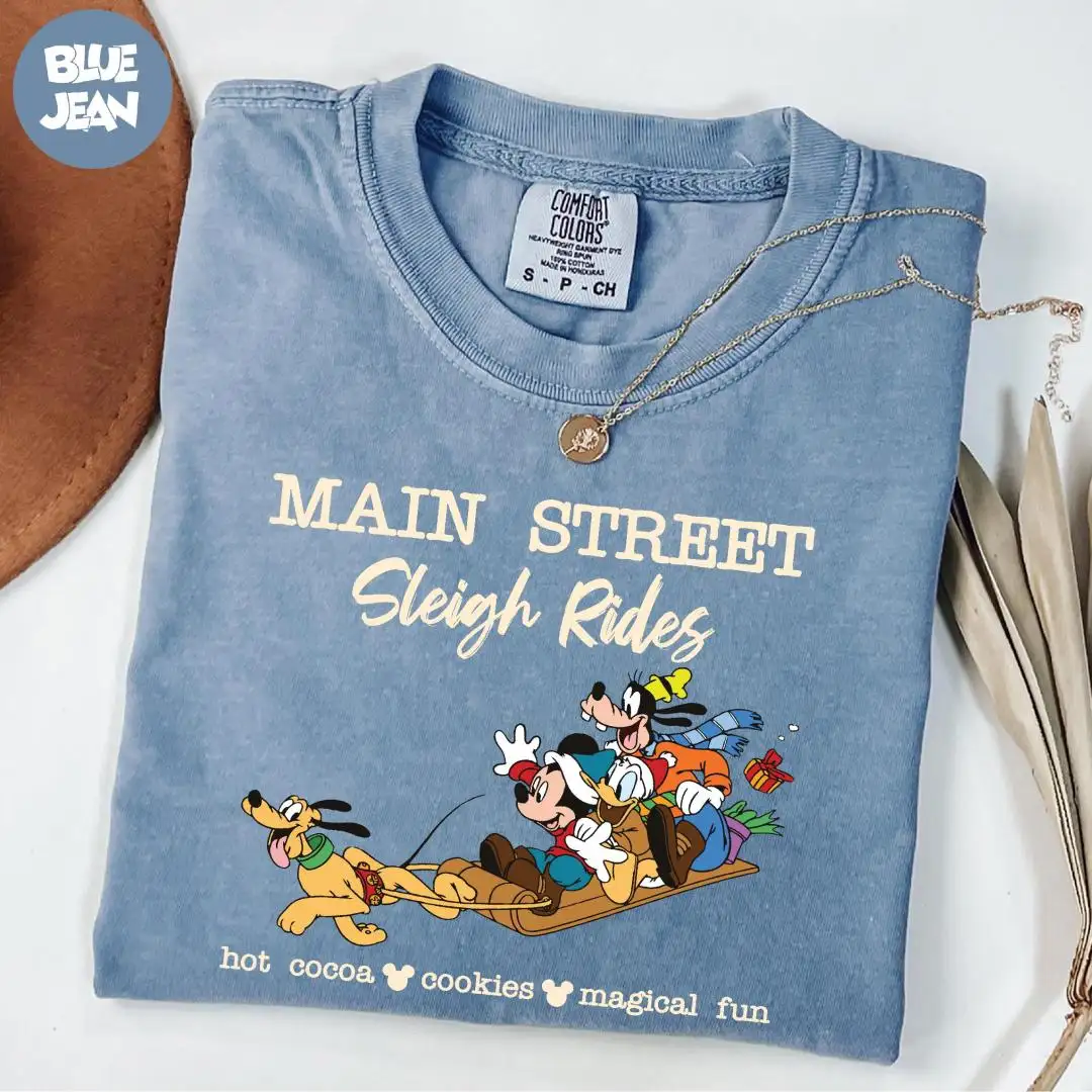Comfort Colors® Main Street Sleigh Rides Shirt, Disney Fun Winter Shirt, Mickey and Friends Christmas Shirt, Disney Christmas Vibes Shirt