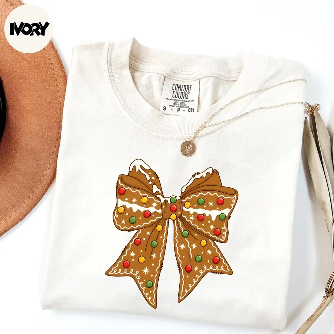Comfort Colors® Gingerbread Coquette Bow Shirt, Xmas Party Shirt, Christmas Baking Shirt, Christmas Cookie Shirt, Christmas Holiday Shirt