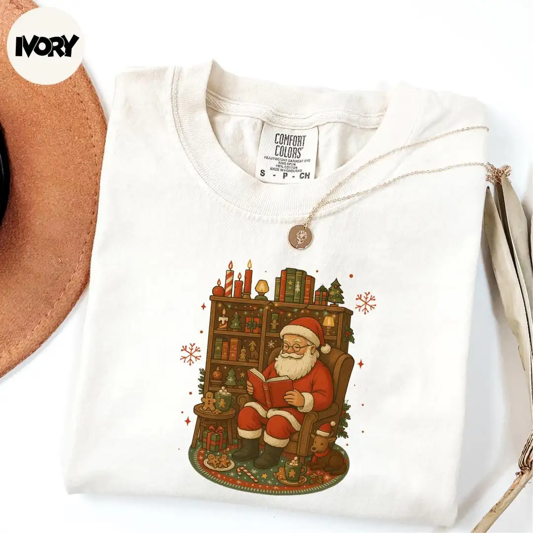 Comfort Colors® Santa Reading Book Shirt, Christmas Shirt, Book Lover Gift, Christmas Bookish Shirt, Santa Claus Shirt, Reader Santa Shirt