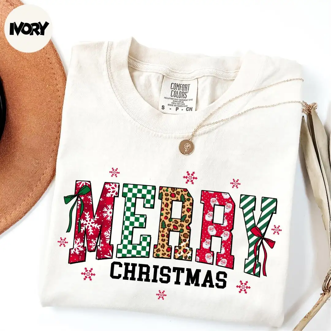 Comfort Colors® Retro Merry Christmas Shirt, Checkered Christmas Shirt, Christmas Party Shirt, Christmas Gift, Family Christmas Shirt