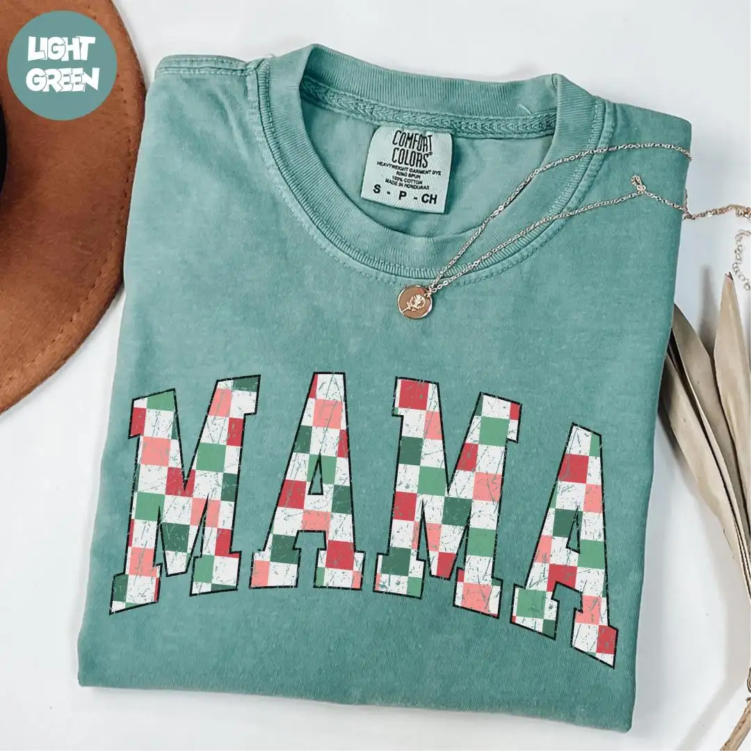 Comfort Colors® Checkered Mama Shirt, Christmas Gift for Mom, Xmas Holiday Shirt, Xmas Mama Shirt, Retro Mama Shirt, Mama Christmas Shirt