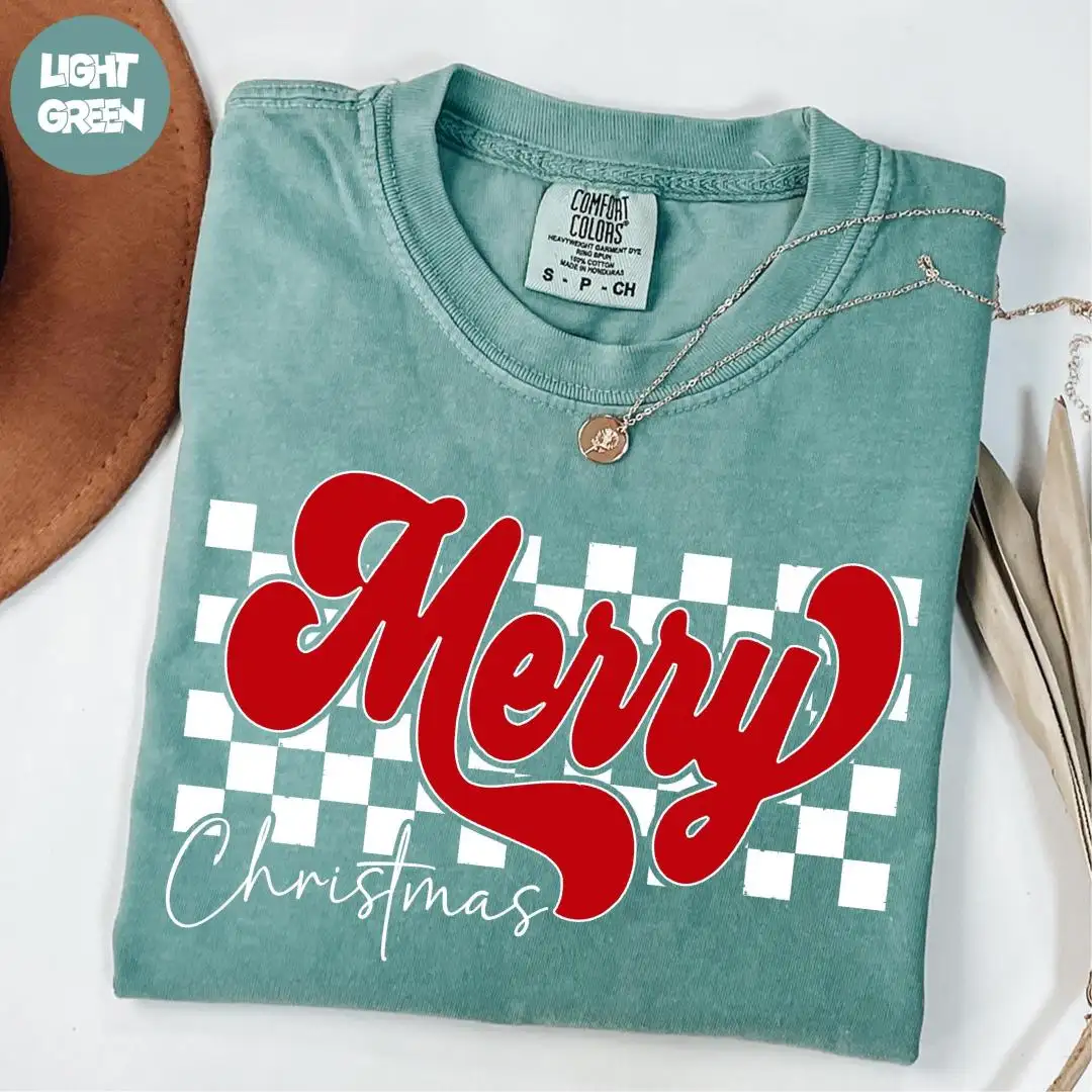 Comfort Colors® Checkered Merry Christmas Shirt, Christmas Shirt, Merry Christmas Shirt, Retro Merry Christmas Shirt, Christmas Gift