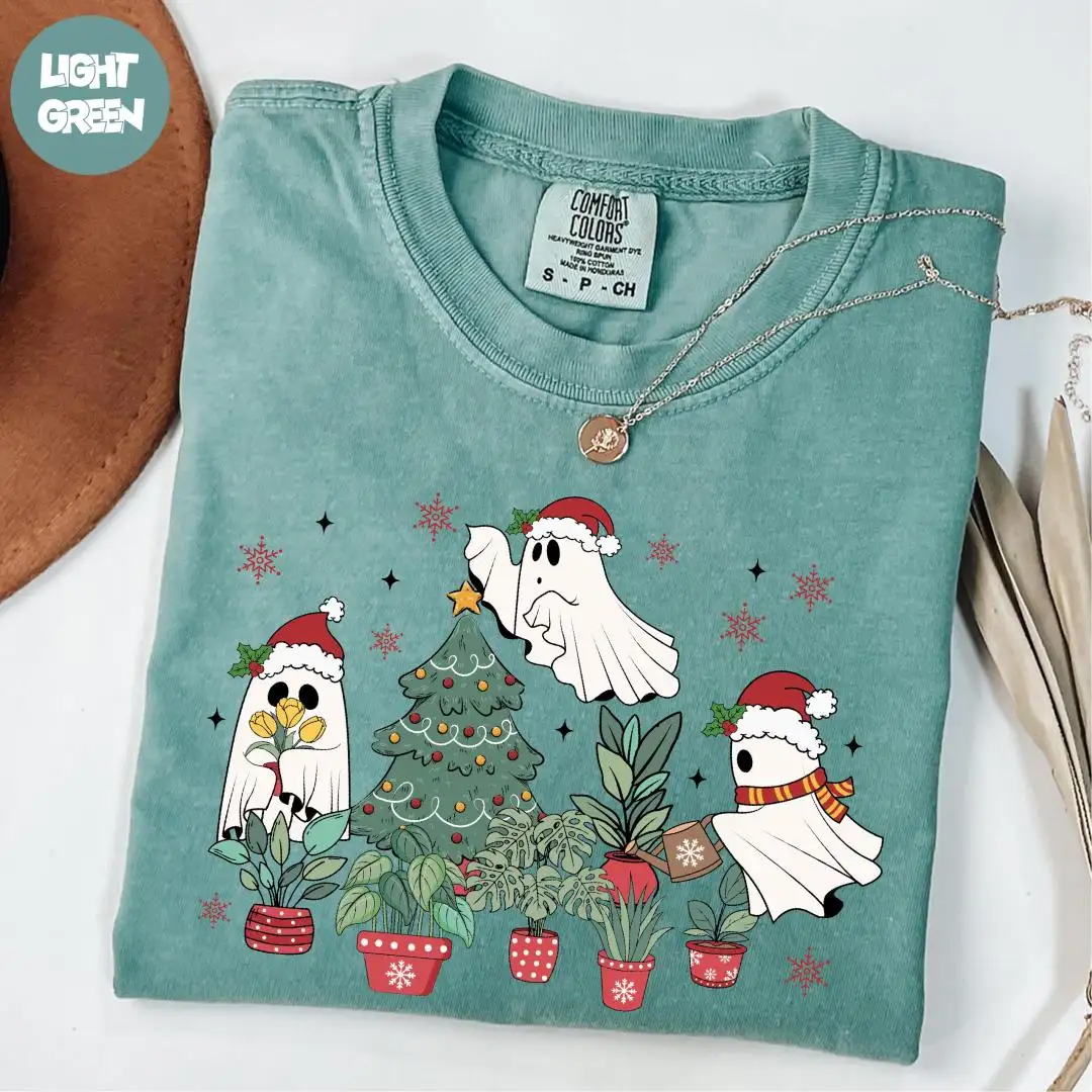 Comfort Colors® Christmas Ghost with Plant Shirt, Ghost Santa Shirt, Plant Lover Ghost Shirt, Funny Christmas Shirt, Gardener Ghost Shirt
